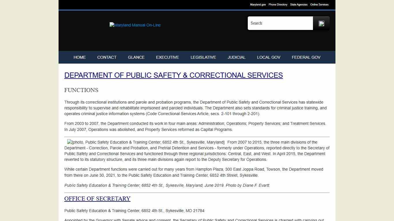 Public Safety & Correctional Services, Maryland Department of - Functions