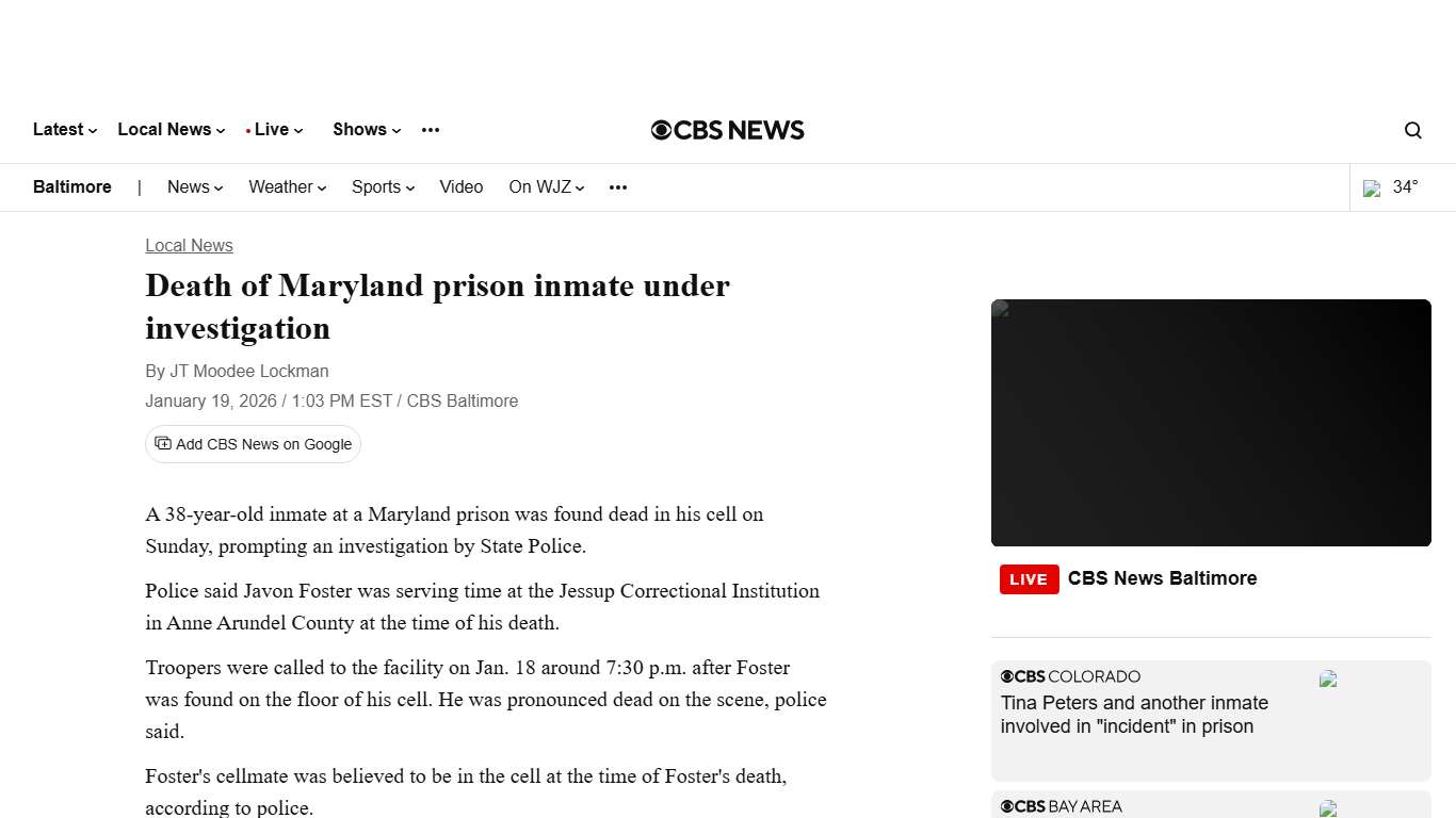Death of Maryland prison inmate under investigation - CBS Baltimore